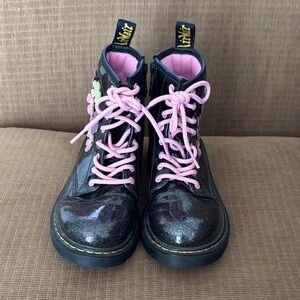 Dr. Martens Kids Glossy Black Leather Boots with Black and Pink Accents